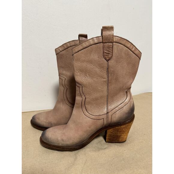 Sam Edelman Boots Womens Size 7.5 Taupe Nile Western Cowboy Leather Stacked Heel - Picture 1 of 14